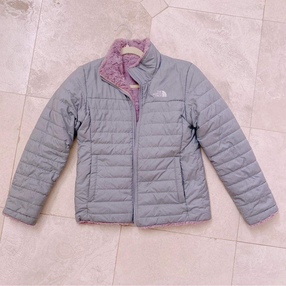 The North Face Girls’ Mossmud Swirl Reversible Jacket gray/purple Sz L 14-16